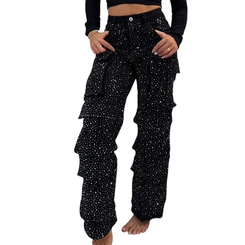 Jeans larges strass femme élastique et extensible à poches pratiques