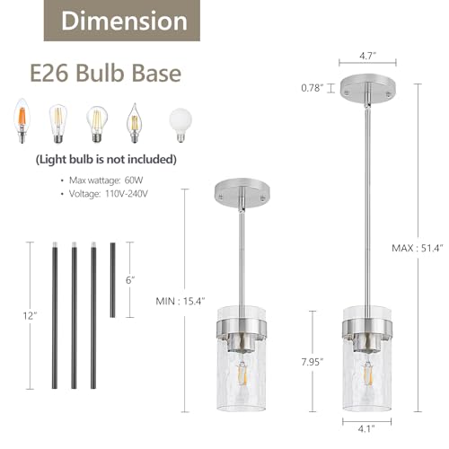 Image of Water Ripple Glass Pendant Lights Kitchen Island Brushed Nickel, 3 Pack | Adjustable Modern Mini Hanging Light for Sink Dining Room Foyer Entryway