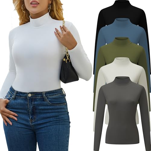 5 Piece Women's T-Shirts Turtleneck Long Sleeve Tops High Neck Fitted Layering Warm Base Fall Winter Basic Tees