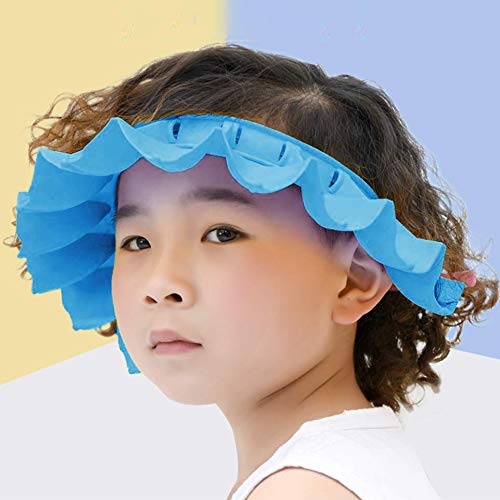 Baby Shower Cap Adjustable Silicone Shower Visor Bathing Hat Shampoo Caps Soft Stretchy Safety Bath Hats Protect Eyes Ears for Kids Toddler Infants Children with Ear Protection (Blue)