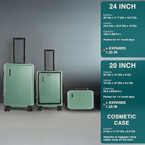 Image of Luggage Sets 3 Piece, 20 Inch Carry on Luggage and 24 Inch Suitcases with Wheels Spinner, Durable Hard Shell Suitcase Set, Expandable Travel Suitcase, Sage Green