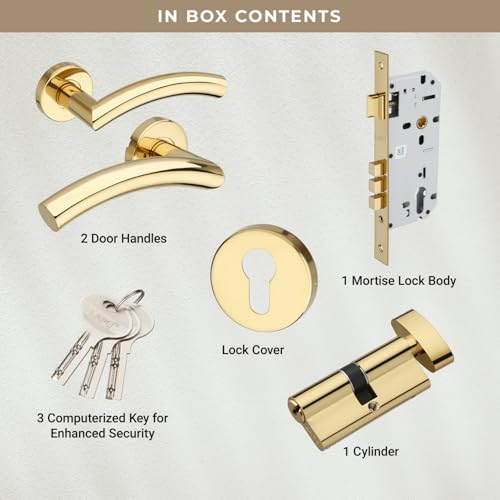 Image of LAPO Mortise Door Lock for Home Main Door & Bedroom with Handle - 50x85mm Body - 3 Brass Keys - Heavy-Duty 70mm Cylinder - Left-Right Fit 30-50mm Door Home Office Hotel | Gold Finish | CMH-5T