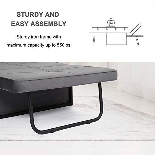 windaze Folding Ottoman Sofa Bed, 4 in 1 Multi-Function Chaise Lounge Morden Velvet with 5 Position Adjustable Backrest Convertible Guest Fold Out Bed, Dark Grey