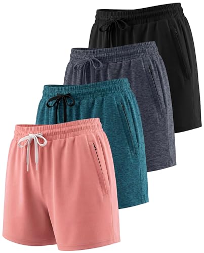Image of Real Essentials 4 Pack: Womens Athletic Dry-Fit Lounge Shorts with Zipper Pockets (Available in Plus Size)