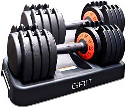 GRIT Adjustable Dumbbells Set - 11 to 55 Lbs Fast Adjusting Dial Weights - Workout Exercise, Strength Training and Core Fitness at Home or Gym for Men and Women - Easy Removable Plates, Tray 2 Pack