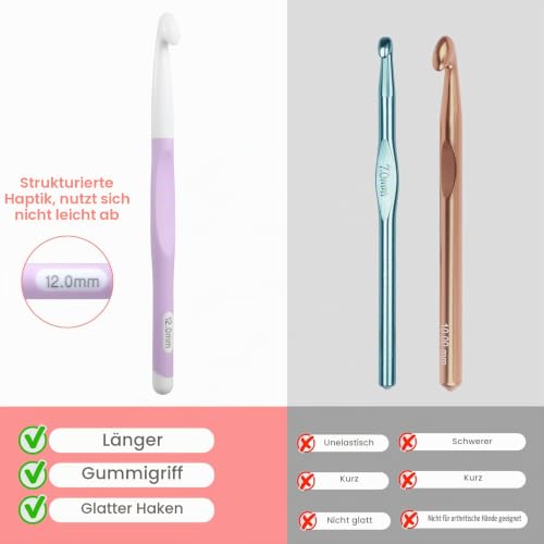 Ouligay Groß Häkelnadel Set 5-tlg mit Gummigriff 8-20mm – Bild 6