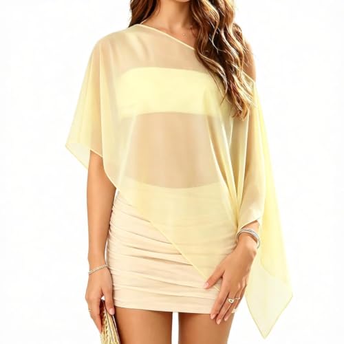 Foidiccx Women Y2K Sheer Chiffon Poncho Boat Neck Asymmetrical Hem Shawl Wraps Bridal Wedding Cape Party Cover Up Capelet (Yellow, L)