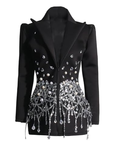 NCDIMS Womens Patchwork Sequins Temperament Dress Lapel Long Sleeve High Waist Spliced Pearls Diamonds Luxury Chic Mini Dress Black