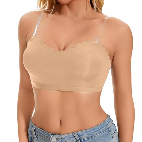 Generisch Sujetador para mujer con borde de encaje y hebilla en la parte delantera, sin anillo de acero, fruncido sin costuras, ajustado, yoga, dormir, sujetador grande, beige, L