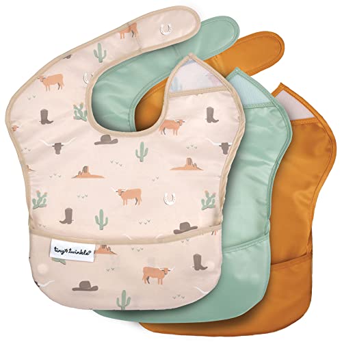 Image of Tiny Twinkle Mess-Proof Baby Bibs for Eating | Waterproof, Wipeable Toddler Bibs with Catch-All Pocket | Feeding Bibs for Girls & Boys(3 Pack,Cowboy)
