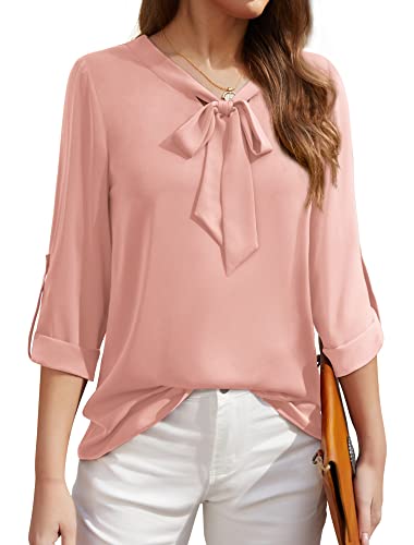 Milan Holiday Womens Dressy Blouse Casual 3/4 Cuffed Sleeve Chiffon Work Office Blouses Tops(Pink,Large) #TOP27