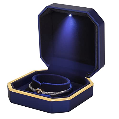 Luxe Armband Doos, Fluwelen Sieraden Bangle Box Opbergkoffer Organizer Houder met LED-licht voor Sieraden Display Voorstel Engagement Bruiloft Valentijnsdag (Bangle Box, Blauw)