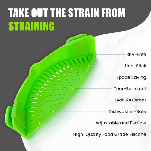 Clip-On Kitchen Food Strainer For Spaghetti, Meat, Pasta, & Ground Beef Grease, Colander & Sieve Snaps Or Clip On Bowls, Pots & Pans. Includes Silicone Strainer Drainer, Brush & Garlic Peeler (Green) #TOP2