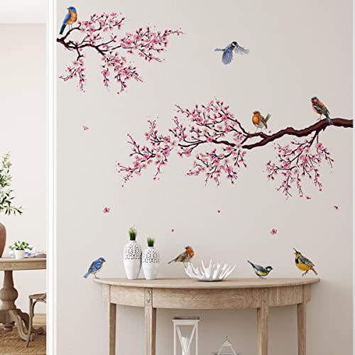 Runtoo Cherry Blossom Wall Art Decals Bird Branch Floral Wall Stickers for Living Room Girls Bedroom Nursery Wall Decor