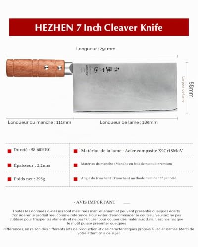 HEZHEN 18CM Couperets Acier Composite, Couteau de Cuisine Chinois Couteau de Chef,Couteau à Hacher de Viande,Couteau de Boucher,Manche en Bois de Padouk – vue 2