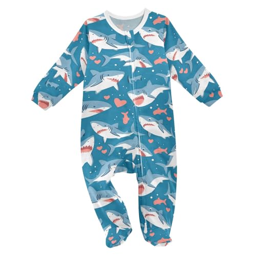 Wusikd Cute Sharks One-Piece Footies Hearts Bodysuit Rompers Zipper for Boys Girls 6M
