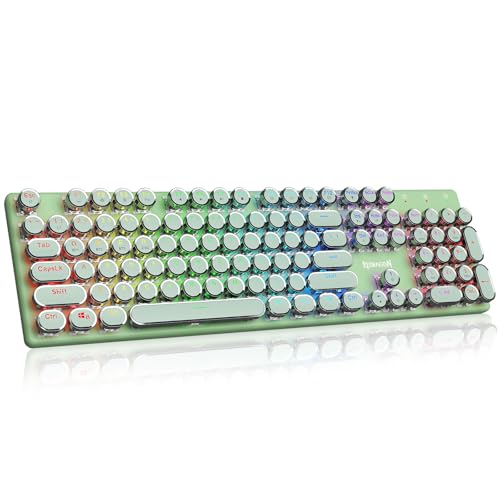 Image of Redragon K710 Wireless Typewriter Mechanical Gaming Keyboard, Bluetooth /2.4Ghz /Wired, RGB Led Backlit, Blue Switch - Clicky, Rechargeable, Solid Metal Panel, Round Keycaps, Green