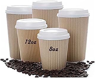 Avlash® Pack of 50 - 8oz Kraft Ripple Disposable Cups with Lids, Triple Walled Disposable Takeaway Cup Kraft Paper Hot Drinks Cups, Coffee Tea Cups Perfect for Homes, Offices or Parties - 50 pack.