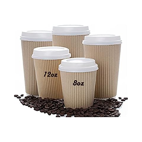 Avlash® Pack of 50 - 8oz Kraft Ripple Disposable Cups with Lids, Triple Walled Disposable Takeaway Cup Kraft Paper Hot Drinks Cups, Coffee Tea Cups Perfect for Homes, Offices or Parties - 50 pack Cover