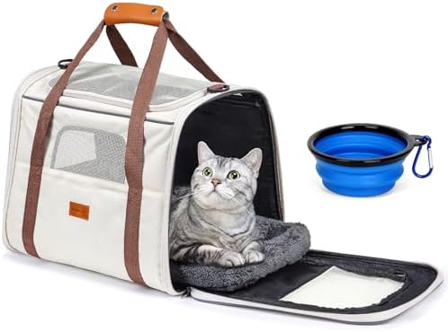 （11:00時点） Morpilot ペットキャリー 猫 きゃりーバッグ 4way ショルダー 中・大型猫・小型犬・うさぎ用 リュック 折りたたみ 通気性 臭気がない 引っ掻き傷に強い 車載/ドライブ/キャンピング/旅行/通院/災害避難用 猫 バッグ (マット/飛び出し防止リード/猫食器付き) (ホワイト Mサイズ:43*28*35cm)