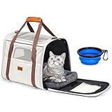 Morpilot Cat Carrier - Airline Approved, Top Opening Portable Dog Bag with Breathable Mesh/Removable Mat, Adjustable Shoulder Strap & Bowl, Foldable Travel Cage, M, Beige (Max 7kg)
