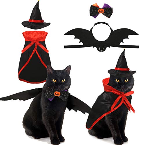 Halloween Costumes for Black Cats feat. Frienda 4 Pieces Halloween Pet Costume Set Pet Costume Vampire Cloak with Wizard Hat Pet Bat and Bow Tie for Cat Puppy Halloween Party, Pet Cosplay