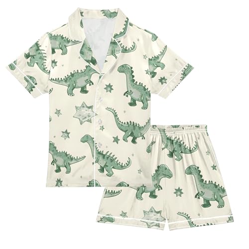 ALAZA Cute Dinosaur Animal Green Pajamas Satin Pajama Set Short Sleeve Button Down Sleepwear