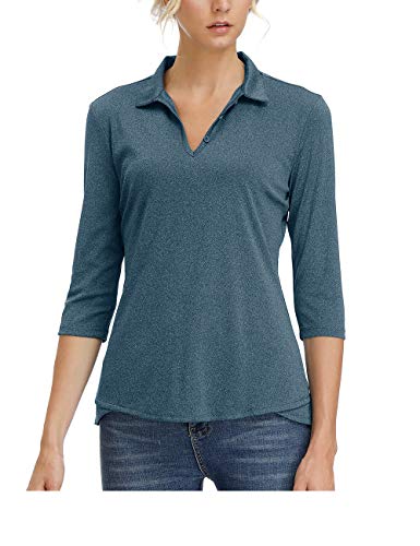 MOHEEN Women's Moisture Wicking Golf Polo Shirt 3/4 Sleeve Dry Fit(Navy Blue,L)