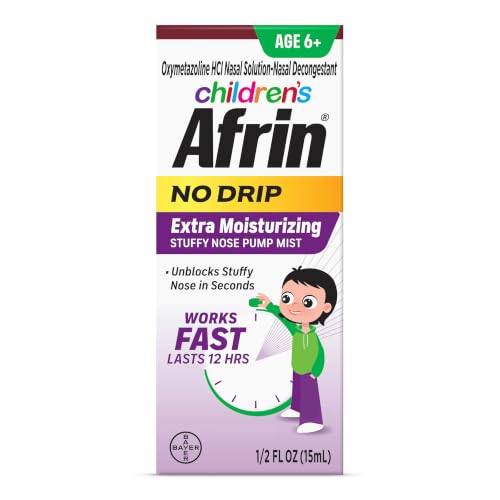 Afrin Childrens Extra Moisturizing Stuffy Kids Nasal Spray Pump Mist Up to 12 Hour Nasal Congestion Relief for Cold or Allergy Symptoms for Children Ages 6 & Up 15 mL