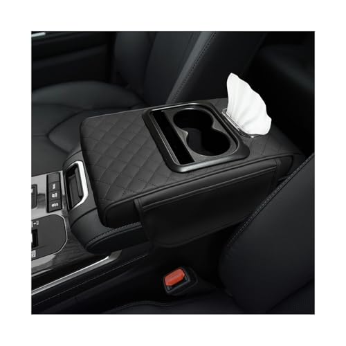 Rdxcv Car Center Console Armrest Pillow Multifunctional Armrest Box Cover with Cup Phone Tissue Holder & Side Pockets Waterproof Leather Middle Console Cushion for Most Vehicles (Black Embroidered)