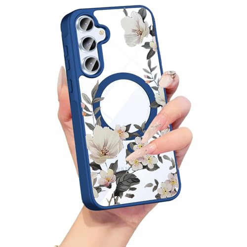 Image of VONZEE Compatible with Samsung Galaxy A16 5G Case Luxury Retro Flowers Floral Clear for Magnetic Wireless Charging Case Shockproof PC+TPU Cute Glossy Shiny Cover for Girls Women, Blue