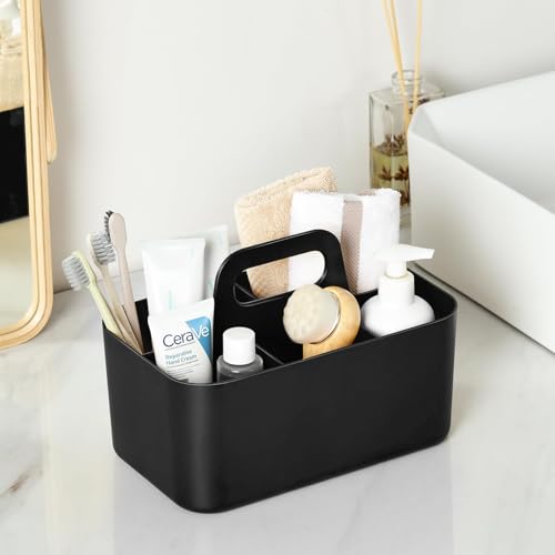Image of Multiuse Caddy Organizer with Handle, Portable Divided Plastic Tote Bin - Art Craft, Stationary Pen Marker Crayons, Makeup Hair Supplies Storage - Bathroom, Classroom, Dorm, Office, Desk Holder -Black