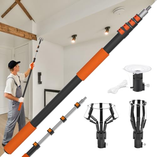 Buyplus 26FT Reach Light Bulb Changer for High Ceilings with 5-20FT Telescopic Extension Pole, Easy Flip-Tab Lock Bulb Changing Pole Extension with Basket and Suction Cup for Recessed Lights