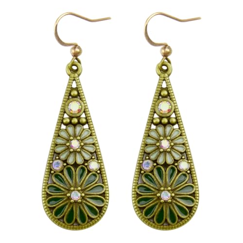 Bohemian Crystal Teardrop Pendant Earring Vintage Olive Green Hollow Out Flower Floral Dangle Earrings National Style Geometry Enamel Flower Hook Earrings Handmade Ethnic Statement Jewelry for Women (Olive Green)