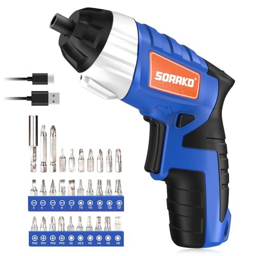 Image of Electric Screwdriver, SORAKO Cordless Screwdriver Rechargeable 4V Max, Power Screwdriver with LED Light, 1300mAh Battery Screwdriver 6 Nm 30 PCS Screw Gun Accessories for Home DIY, Car Repair
