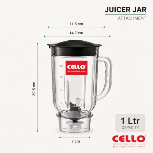 Image of CELLO Mixer Grinder Juicer Jar 1 Litre Transparent Polycarbonate Jar | Unbreakable, Durable & Lightweight | Universal Fit Mixer Grinder Replacement Jar for Blending & Juicing Black