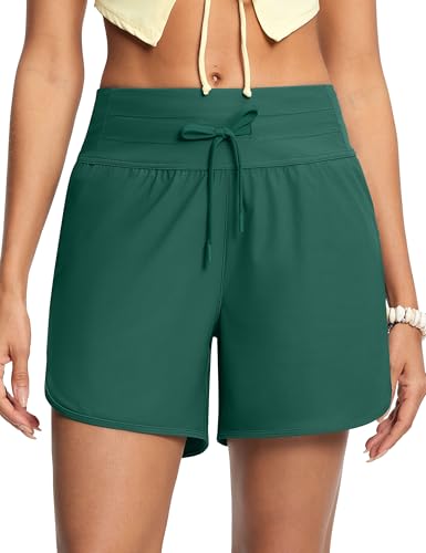 ISEEGZ Women's 5" High Waisted Tummy Control Swim Board Shorts Quick Dry Swimming Shorts for Women with Liner Pockets, Emerald, X-Large