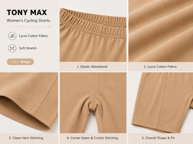 Tony Max Women's Cotton Stretchable Cycling Shorts, Solid Colour, Skinny Fit, Knee Length, Yoga/Sports (in, Alpha, XL, Beige) 2