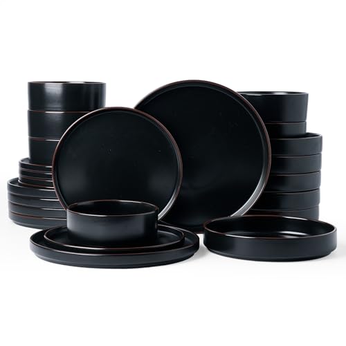 Image of Famiware Nebula Ridge Stoneware Dinnerware Sets with Pasta Bowls, Plates and Bowls Sets, Service for 6 (24 Pieces), Microwave and Dishwasher Safe Kitchen Plates, Matte Black
