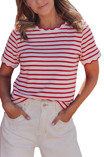 KevaMolly Women Stripe Scalloped Cotton Blend T Shirt Red Stripe XXL
