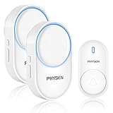 Timbre Inalámbrico para Puerta, PHYSEN Y1 Timbre IP55 Impermeable con LED Flash, 5 Volumen Ajustable, 58 Melodías, Alcance a 400m, 1 Transmisor y 2 Receptores, Blanc