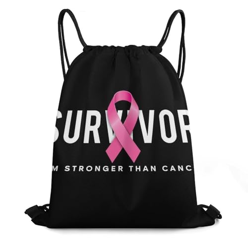 4SEE Breathable Drawstring Backpack, Breast Cancer Survivor Pink Ribbon Black Unisex Fashion Waterproof Large Capacity Draw String Bag, Reusable Sackpack with Sturdy Cord for Daily Use