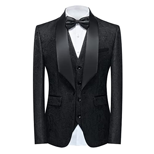 Tuxedo Suits For Men 3 Piece Regular Fit Suit Floral Pattern Blazer Jacket Waistcoat Pants Men Suit Set For Wedding Black #TOP2