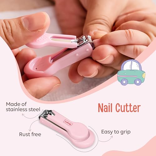 LuvLap Baby 4in1 Nail Grooming Set, Scissor, Clipper, Tweezer & Filer, Baby Grooming Kit, Baby Nail Scissor, Grooming Kit for New Born Baby, Baby Nail Cutter, New Born Grooming Kit, 4pcs, Pink, 0m+