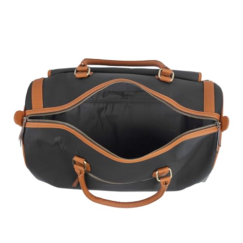Image of Black & Brown PU Leather Duffle Bag | 37L Large Travel Duffel | Zipper Closure | Hand Carry & Sling Bag | Weekend Gym Travel Bag for Men & Women