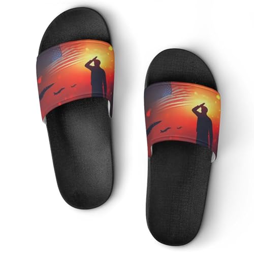 World War II U.S. Flag Soldier Shower Slippers for Women Men Casual Non-Slip Slide Sandals Beach Bathroom Shoes