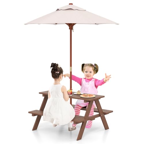 GLACER Kids Picnic Table, Toddler Table and Chair Set with Umbrella, Wooden Activity Table with Benches, Dining Table for Indoor, Kids Outdoor Table for Patio Garden Backyard, Gift for Boys Girls