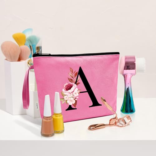 Image of Vavabox A-Z Personalized Makeup Bag, Birthday Gifts for Women Mom, Gifts for Best Friend, Bride Bridesmaid Cosmetic bag (A, Peach)