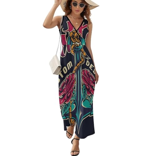 Robe longue d'été sans manches voile de rose col V maxi décontracté