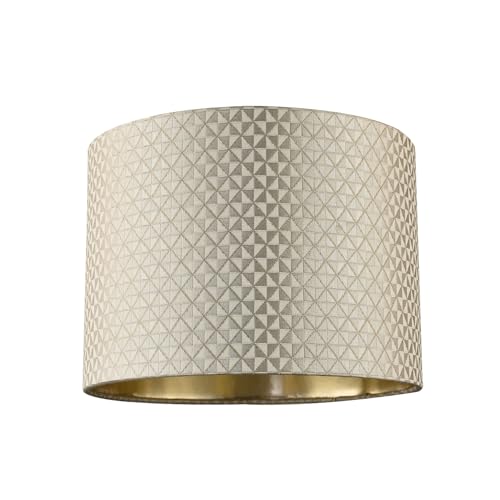 Designer Light Shimmer Taupe Drum Lampshade with Inner Champagne Gold Satin Lining | 18cm x 25cm | Squares and Diamonds Pattern by Happy Homewares